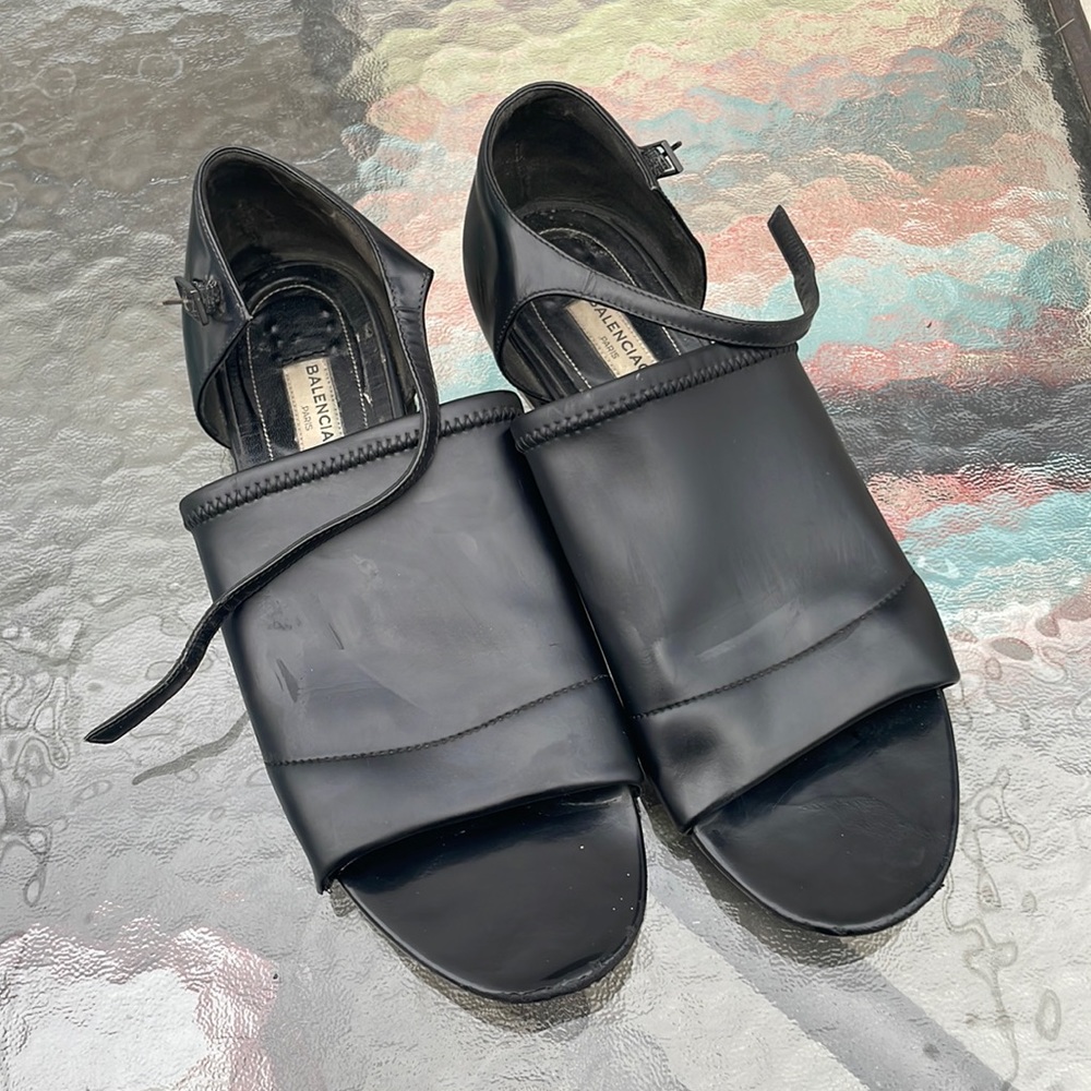 Balenciaga Black Leather Open-Toe Flats
